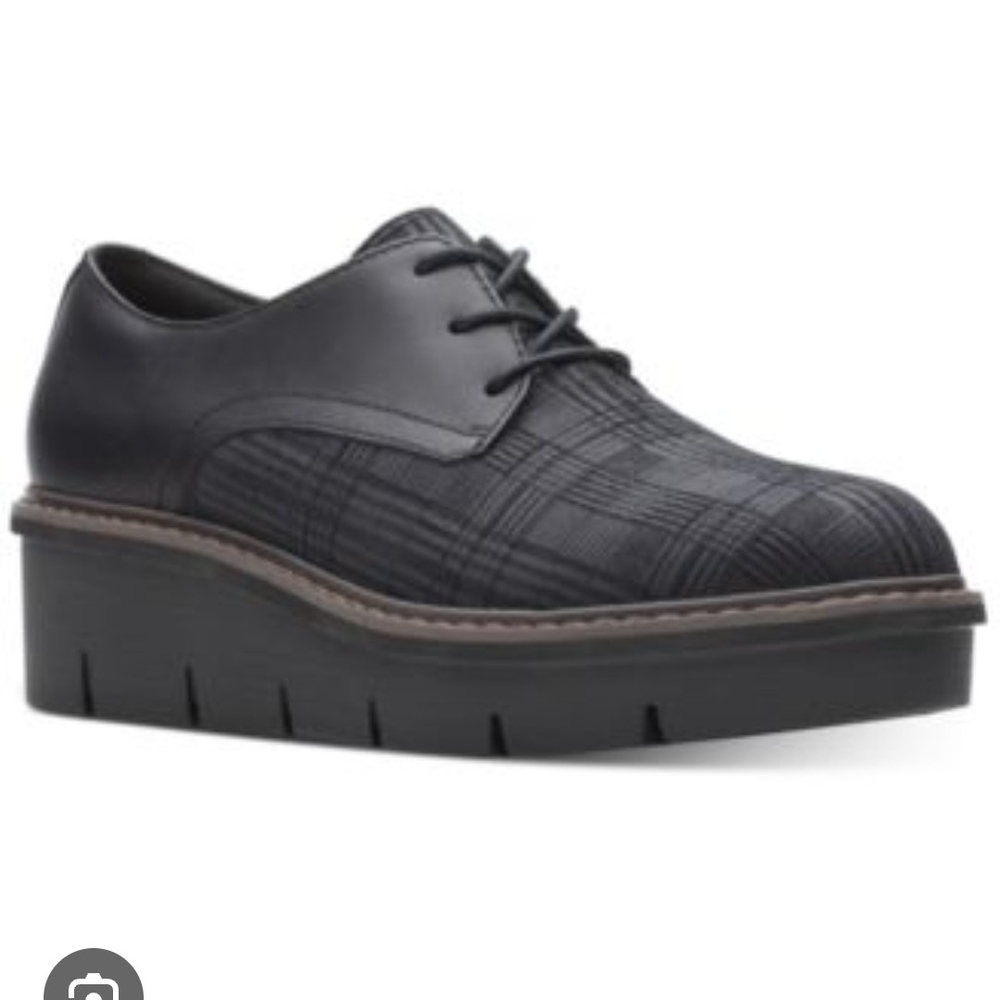 Clarks Airabell Tye Black Interest Leather Lace‑Up Platform Oxford Loafer W 9